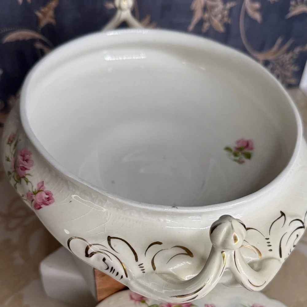 Antique Johnson Brothers England Oval Covered Floral Dish Gold Trim
